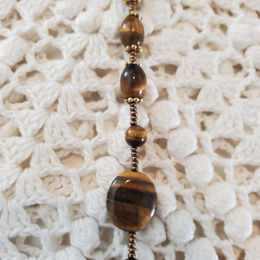 Tiger's Eye Beaded Necklace Womens Long Brown Gemstone Gold‎ Tone Barrel Clasp - Picture 6 of 6